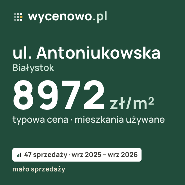 Typowa cena za m² – ul. Antoniukowska, Białystok: 8972 zł (mieszkania używane, 47 sprzedaży, wrz 2025 – wrz 2026, mało sprzedaży). Karta ceny wycenowo.pl